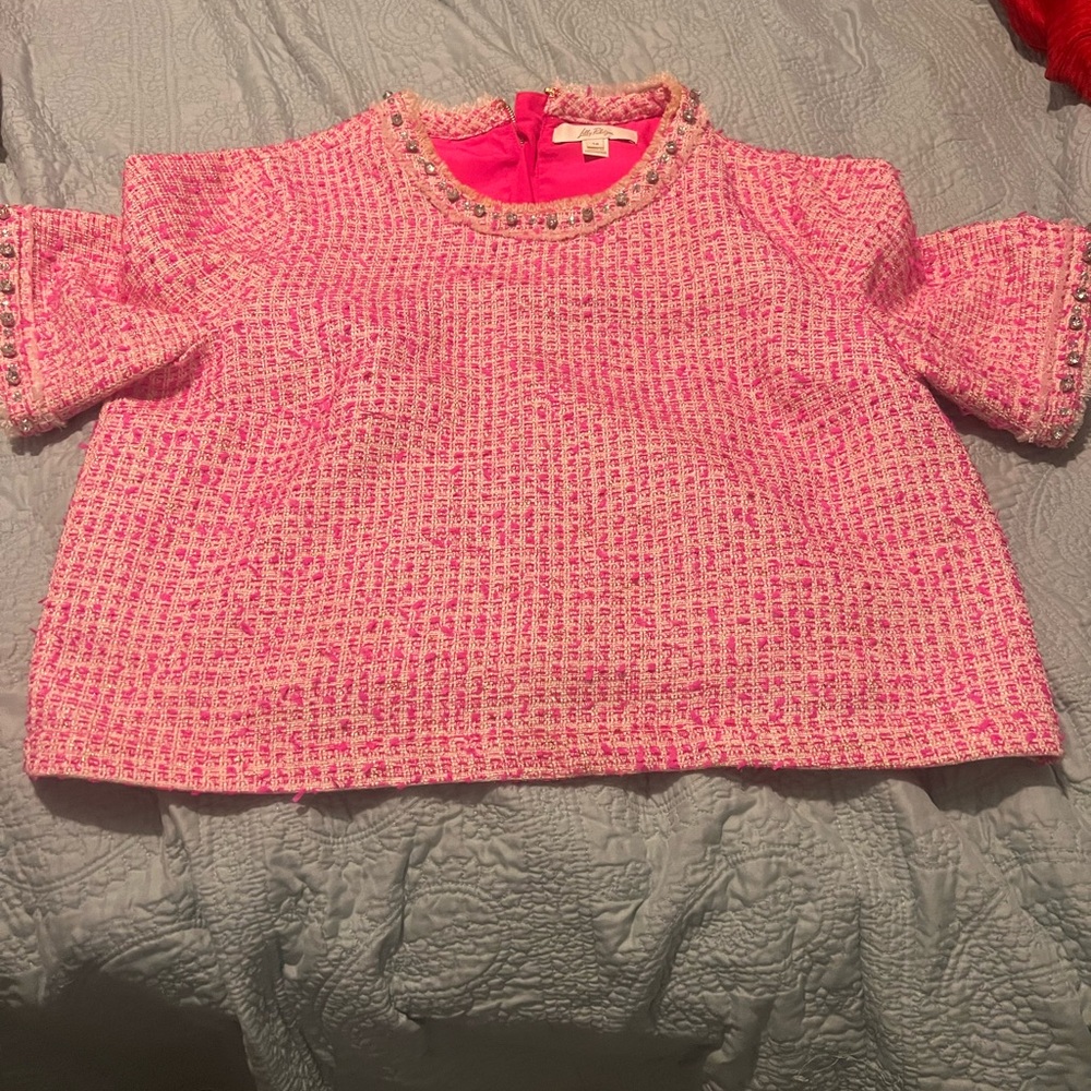 Lilly Pulitzer Pink Tweed Jewel-Trim Short Sleeve Top/Foile Bouche